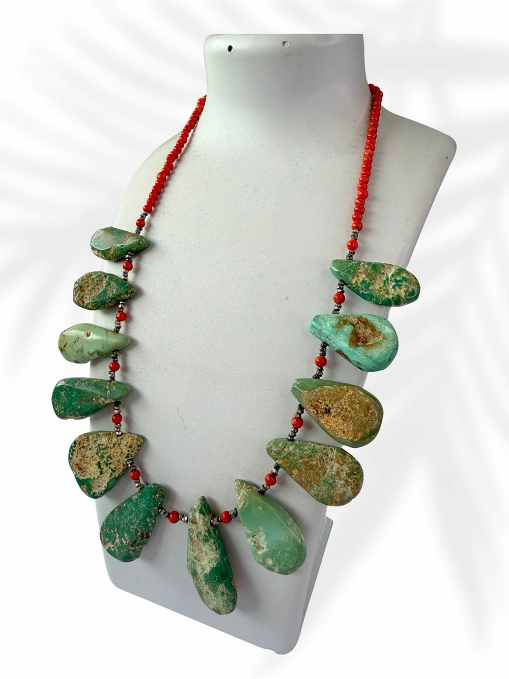 Southwestern Handmade Turquoise Nugget Necklace with Red Coral Beads